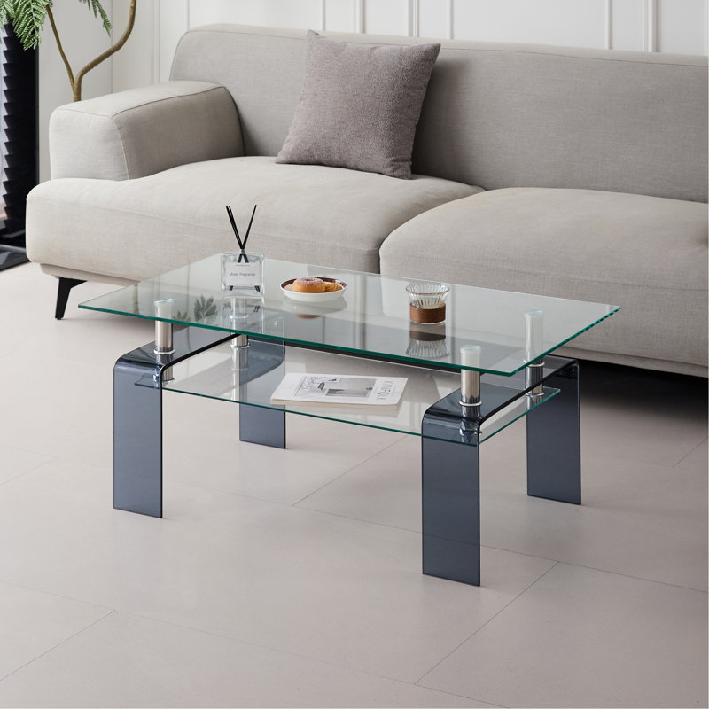 Tempered Glass Modern 2-Tier Coffee Table with Storage Shelf | Space-Saving Center Table for Living Room & Small Spaces, Gray