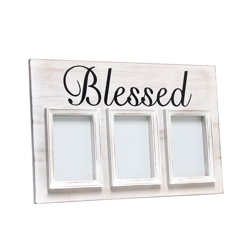 White Wash Wood Triptych Photo Frame with Blessed Typography