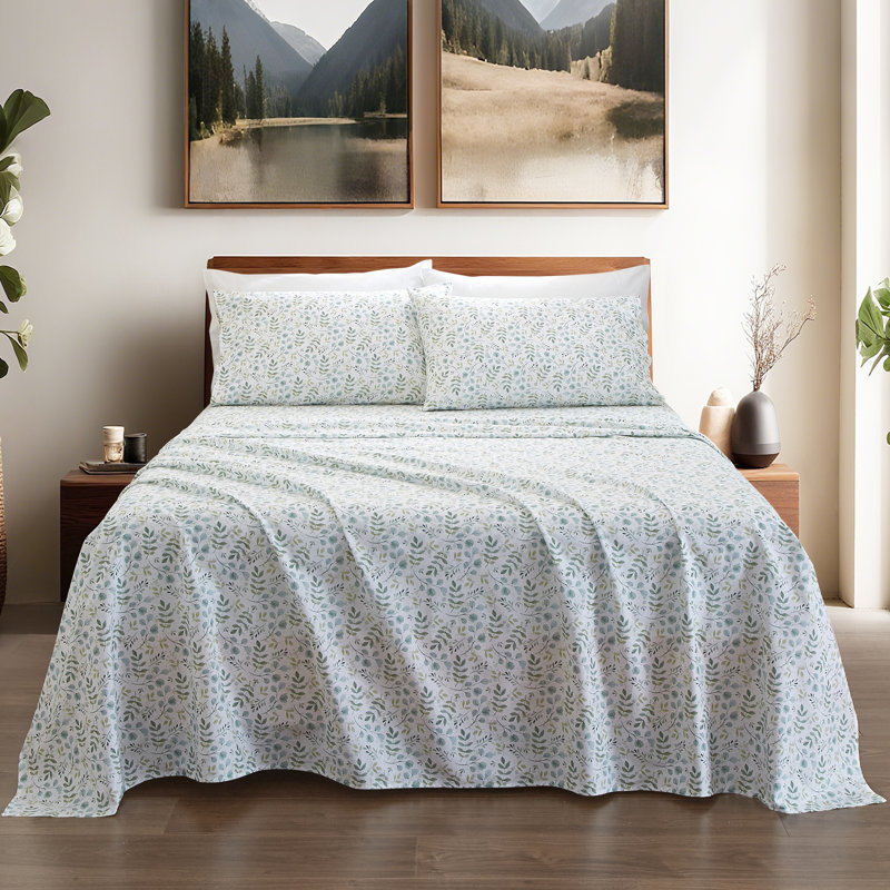 Ensemble de draps 100% coton, Ensemble de draps pour très grand lit avec 2 taie, Motif floral bleu / vert