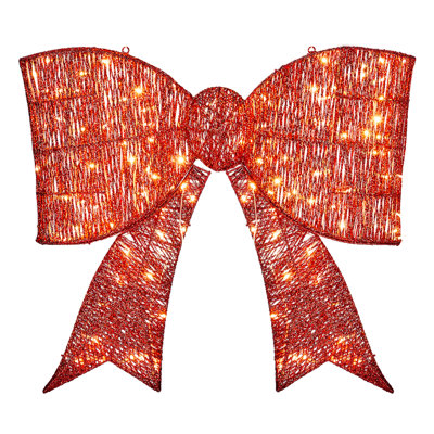 Pre-lit Giant Red Bowknot Christmas Decor, 124 Warm White Led Lights, Weather-resistant Metal Frame & Tinsel Fabric, Indoor/outdoor Decor For Front Door/gate/wall
