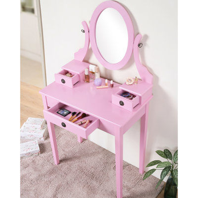 Pink Vanity Furniture - 3 Drawer Storage, Oval Adjustable Mirror, Wood Modern With Drawers Wooden Stool, Nuance
