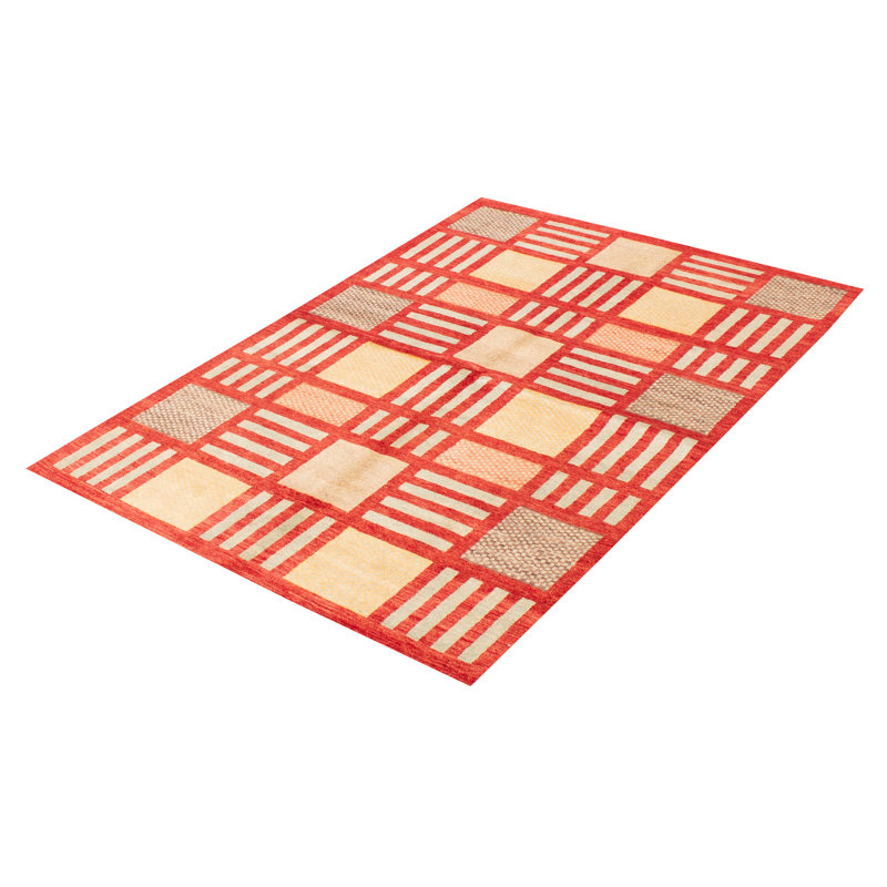 Tapis rouge en laine noué à la main de conception unique 5 pi 6 po x 8 pi 2 po New Age