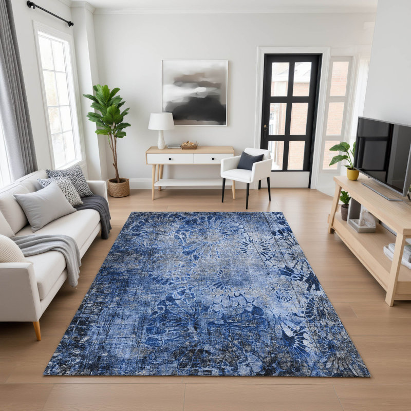 Tapis floral lavable à la machine de qualité supérieure Mayfield AMF2224, Marine, 2 pi 6 po x 3 pi 10 po
