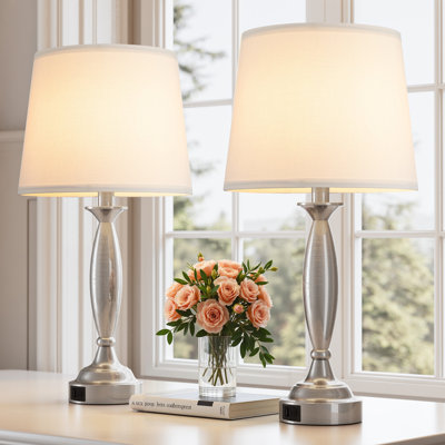 23'' Modern Sliver Metal Table Lamp Set with Touch Control and USB A&C