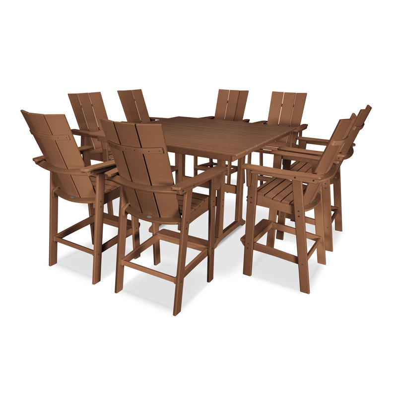 POLYWOOD Modern Curveback Adirondack 9-Piece Farmhouse Trestle Bar Set, Teak