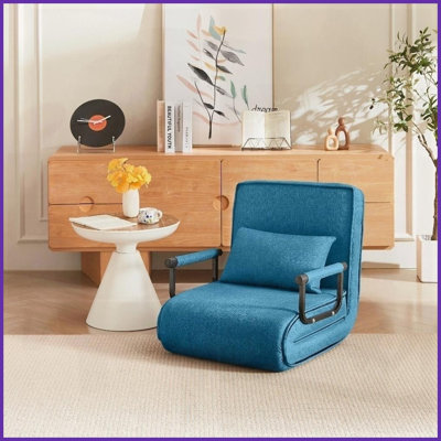 Linen 5-in-1 Convertible Chair Bed with Adjustable Backrest &amp; Pillow for Small Spaces, Apartment, Office (Blue)
