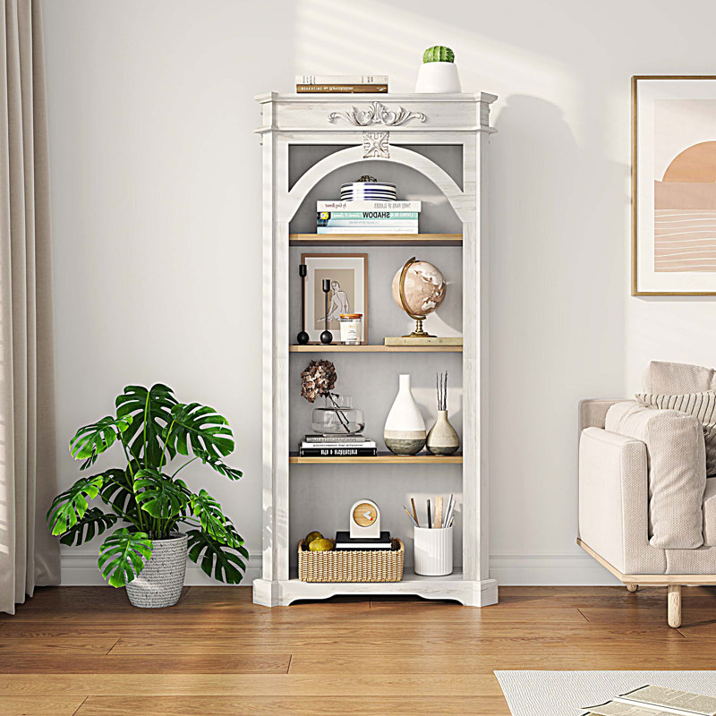 Antique 65" Tall 4 Tiers Bookshelf, Floor Standing Bookcase For Home Office, Living Room, Antique White