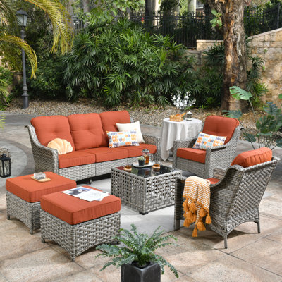 Wicker 7 - Person Patio Conversation Set with Cushions