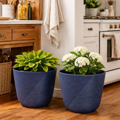 2 pots à fleurs ronds modernes en plastique, paire de pots de fleurs bleues pour plantes et plantes ornementales de 12 pouces, décor de jardin pour bureau à domicile