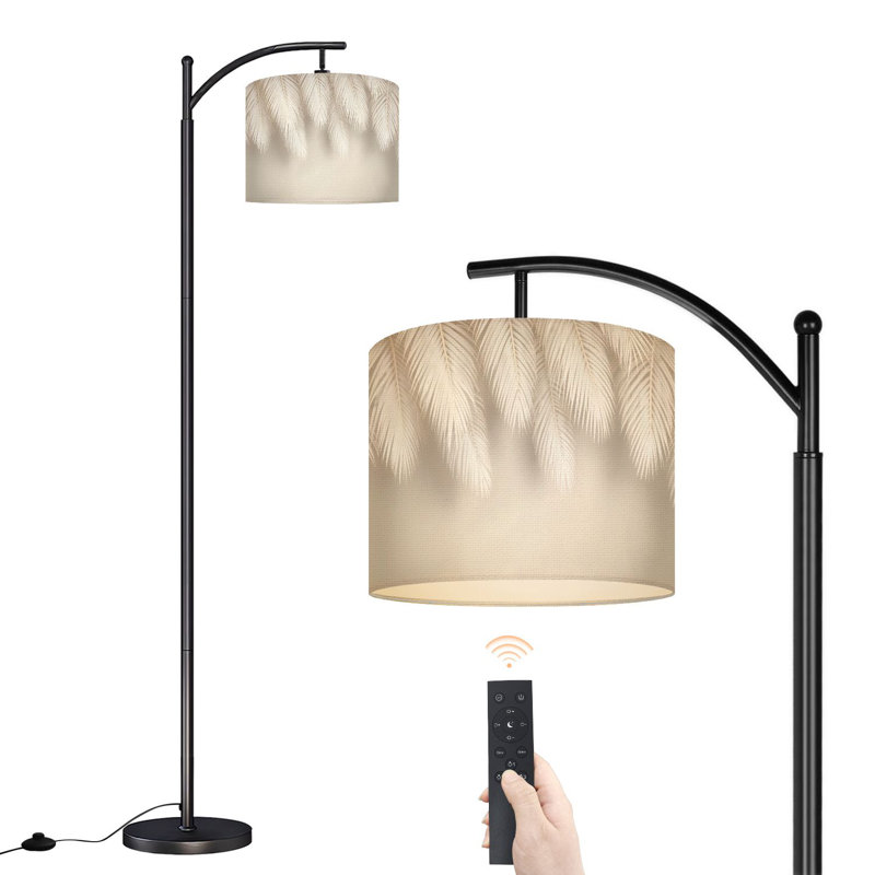 Lampe sur pied à arc avec abat-jour réglable Feuilles de palmier neutres tons de beige style minimaliste tropical style bohème sur pied 3 températures de couleur à haut gradateur avec interrupteur au pied pour la chambre à coucher