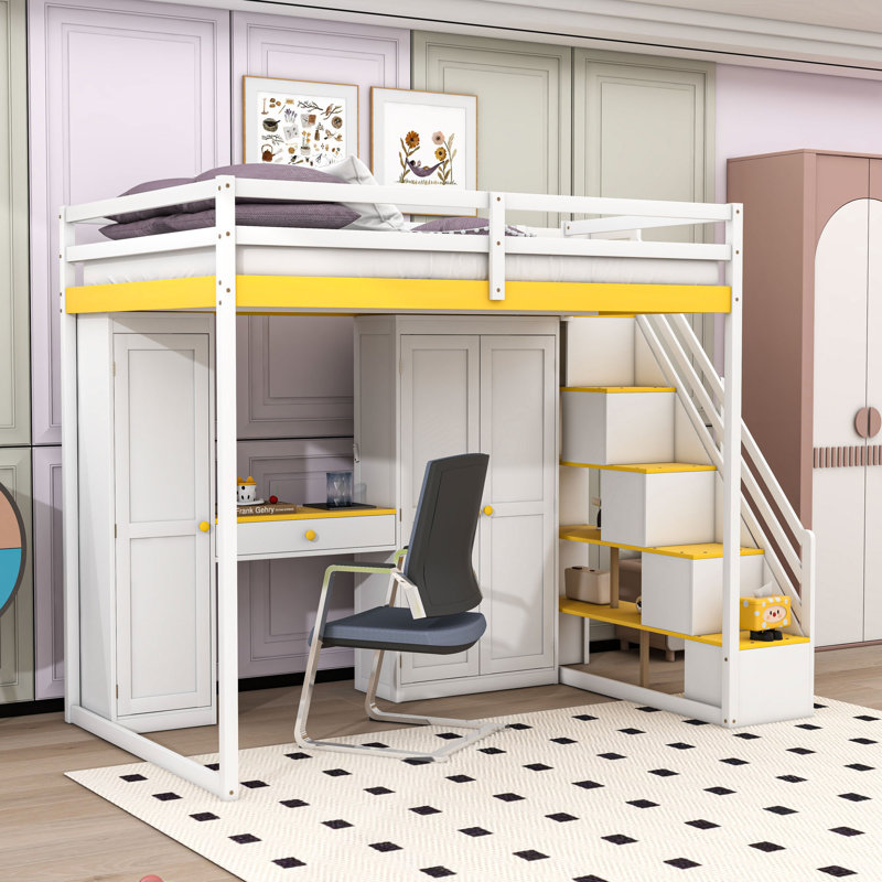 Full Wood Loft Bed With LED Light, Dressing Table, Wardrobe And Charging Ports, White/Yellow