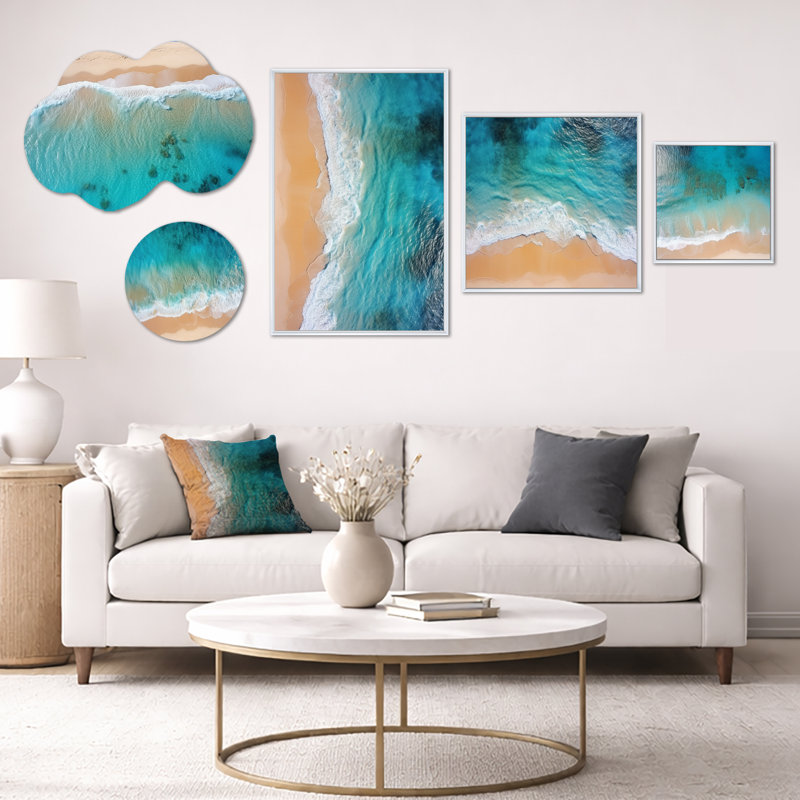 «Blue Tranquility Beach Aériel View III», art mural sur toile surdimensionné 5 pièces (100 po x 40 po), Metal + White Frame