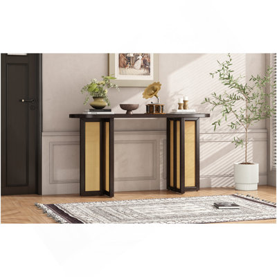 Console d'entrée en rotin de style campagnard, console étroite avec rangement, table de couloir pour le salon, entrée (espresso)