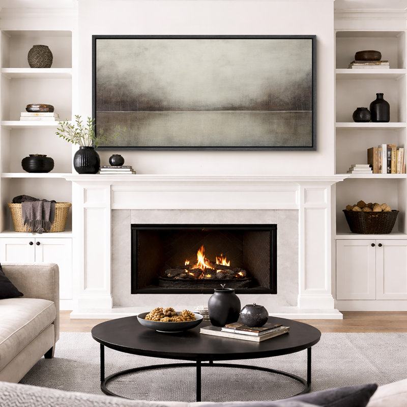 Minimal Landscape "Moody Brown With Green Tunes Artwork, Retro Neutral Tranquil Abstract Landscape Wall Pictures, Extra Large Framed Canvas Giclee Print Wall Art"