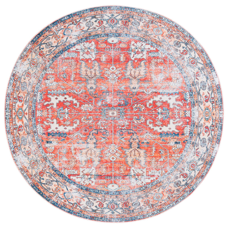 Arizona Dynasty Machine Washable Area Non-Slip Rug In Red & Blue, Round 183cm