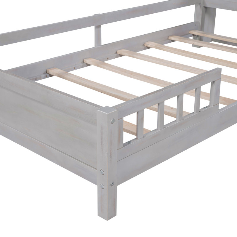 Lit plateforme simple en bois avec éclairage à DEL intégré, tête de lit avec rangement et garde-corps, Gris antique
