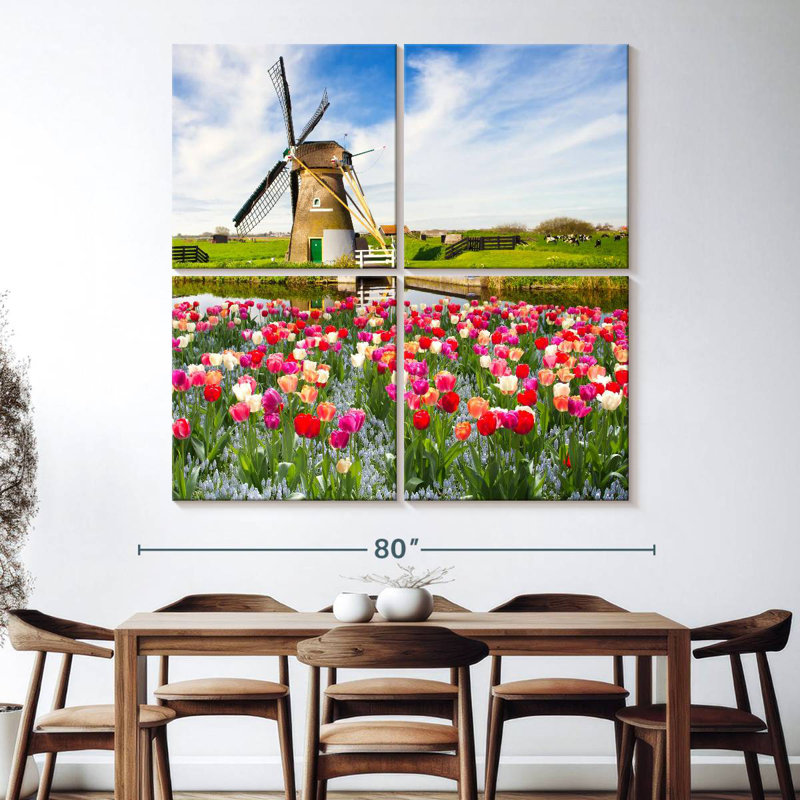 Moulin à vent et tulipes Holland, H 74 po x l 74 po