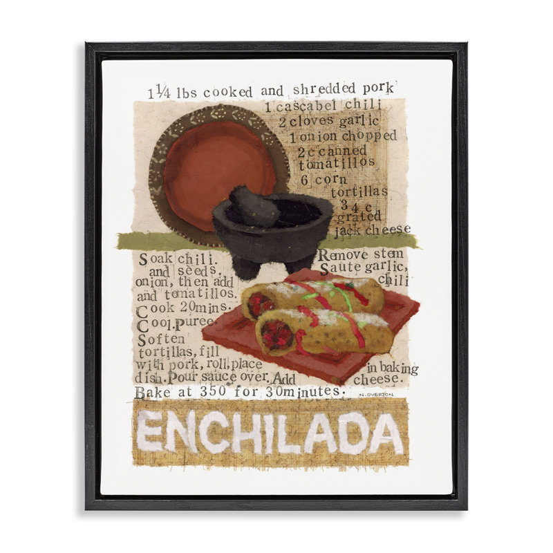 Art mural encadré mexicain, "Enchilada Recipe" par Nancy Overton, Cadre flottant noir de jais, H 21 po x l 17 po