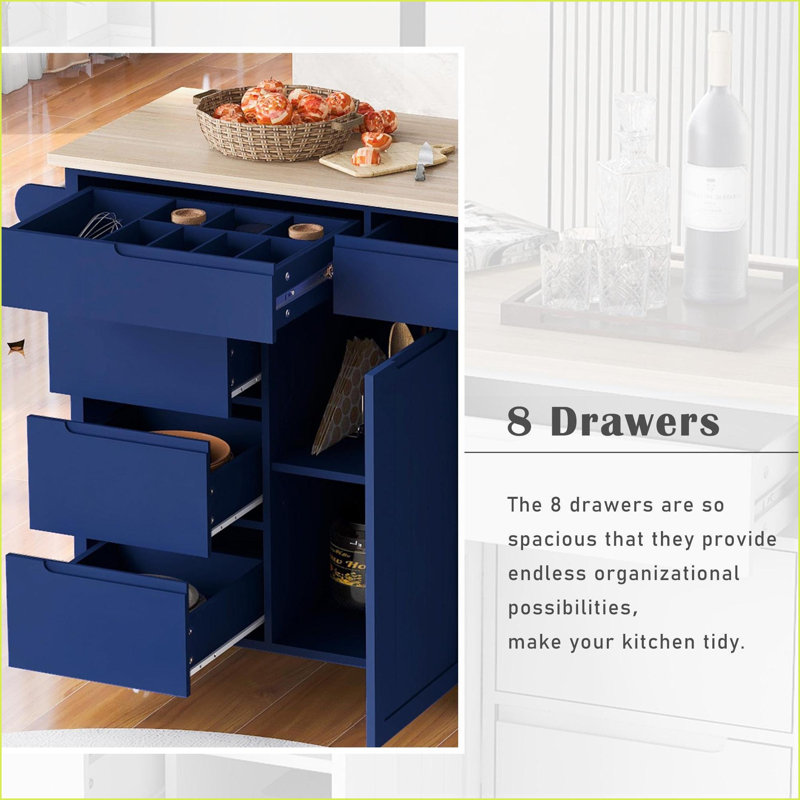 Kitchen Island Cart with Rubber Wood Top, 8 Drawers &amp; Flatware Organizer | Navy Blue | MDF, Blue