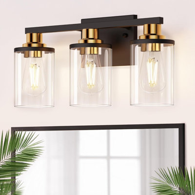 Bathroom Light Fixtures, 3-Light Black And Gold Bathroom Lights Over Mirror With Clear Glass Shade,Vanity Lights For Bathroom Hallway Bedroom Living Room, ETL Listed