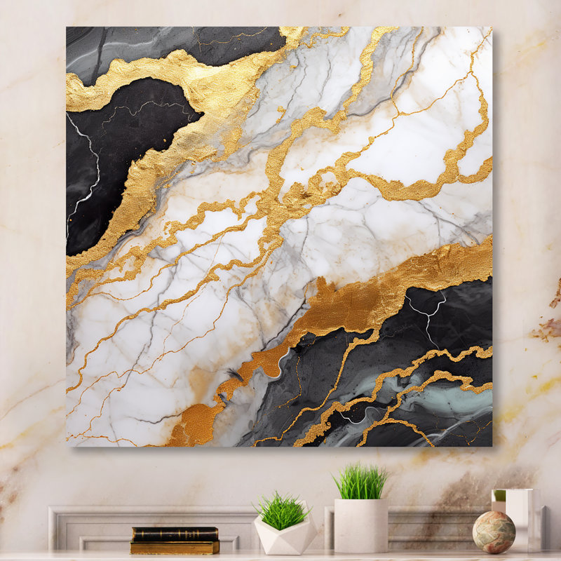 Or et gris abstrait marbre mirage I - décoration murale en marbre, H 16 po x l 16 po