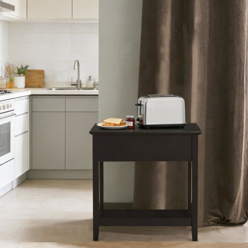 Table d'appoint rétro élégante avec plateau rabattable de couleur café foncé, meuble de rangement et tablette inférieure. Parfait pour un cinéma maison, un salon, un bureau, etc.
