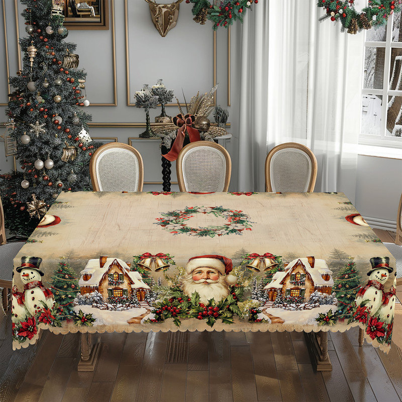 Washable Polyester Retro Santa Claus Pattern Tablecloth for Christmas Decor, 70.8" L x 55.12" W