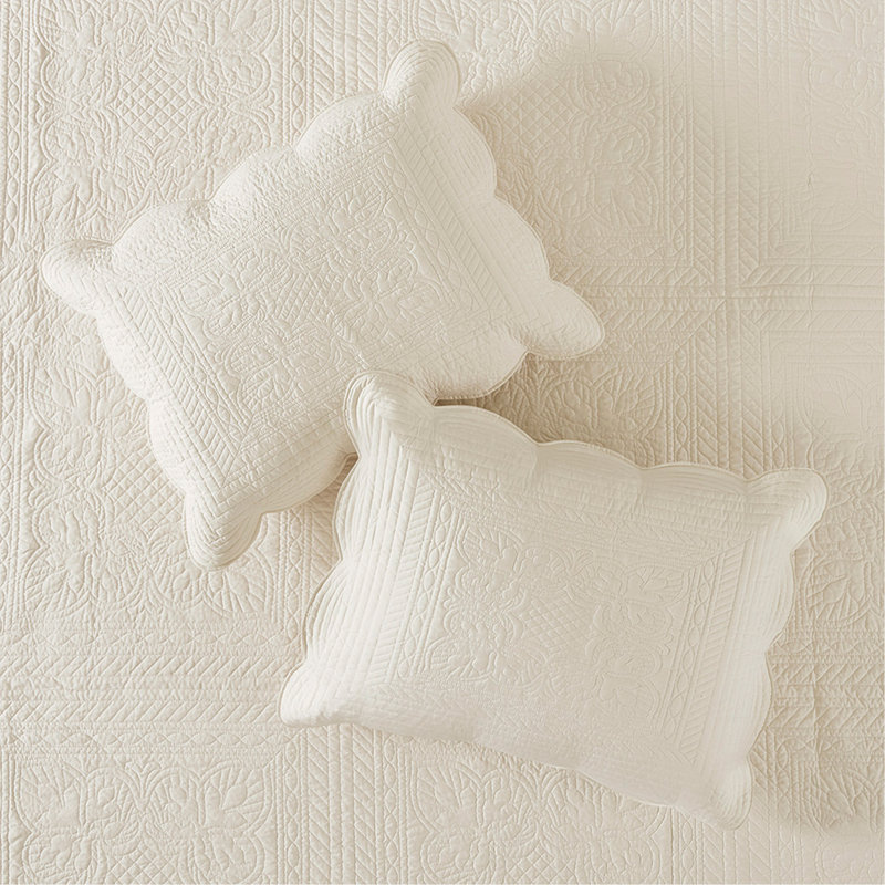 Ensemble de courtepointe réversible 3 pièces crème à bords festonnés, double / grand