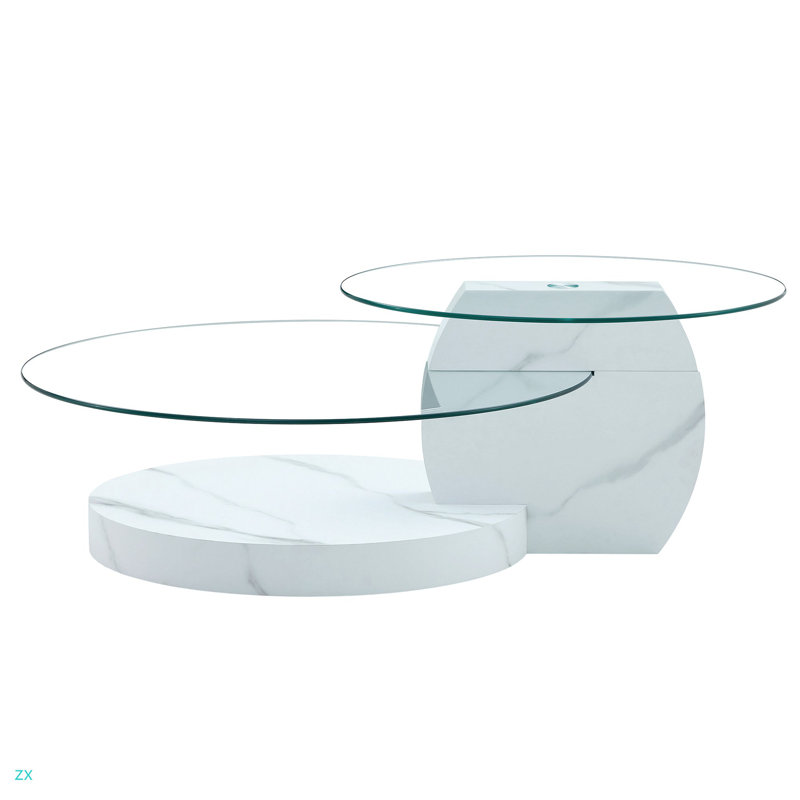 Table basse moderne à double couche à motif marbré moderne - Design polyvalent, plusieurs couleurs disponibles. Autocollant de panneau de densité, verre renforcé, comptoir ovale.