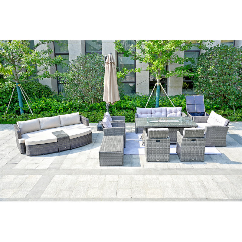 14 - Person Wicker Patio Dining Set with Rectangular Table , Cushions Included