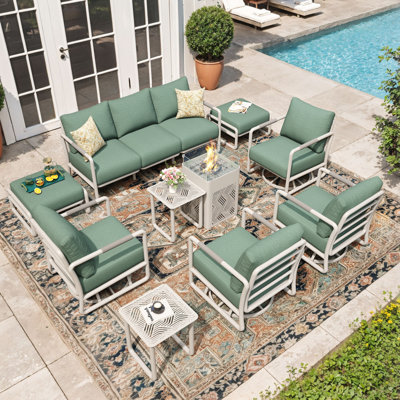 Modern 10-Piece Outdoor Metal Frame Patio Conversation Set with Propane Fire Pit Table, Includes 3-Seat Sofa, 4 Swivel Rocking Chairs, 2 Ottomans, and 2 Side Tables, White