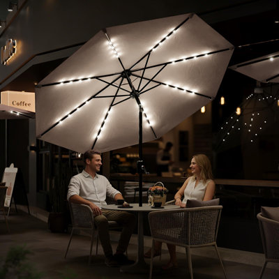 Parasol de patio 10 pi avec lumières solaires, parasol de table d'extérieur avec 8 nervures durables, mécanisme d'inclinaison et de manivelle, imperméable et protection UV pour le jardin, la cour, le bord de la piscine, beige