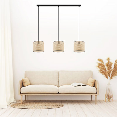 Lustre élégant en rotin, crème et noir, 31,5 po x 29,5 po | Fabrication 100% rotin, hauteur totale: 31,5 pouces | 3 x douilles E14 de 40 W maximum | Parfait pour le salon, la salle à manger et la décoration moderne