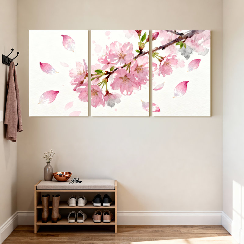Ensemble de 3 tableaux muraux sur toile à motif floral de fleurs de cerisier, H 36 po x l 72 po