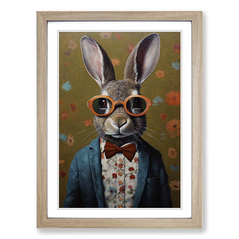 Rabbit With Glasses No.2 - Framed Print, 34cm H x 25cm W x 2cm D, Oak Framed