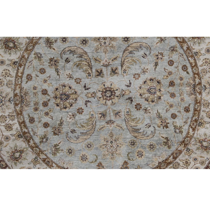 Tapis bleu et beige rond de haute qualité noué à la main