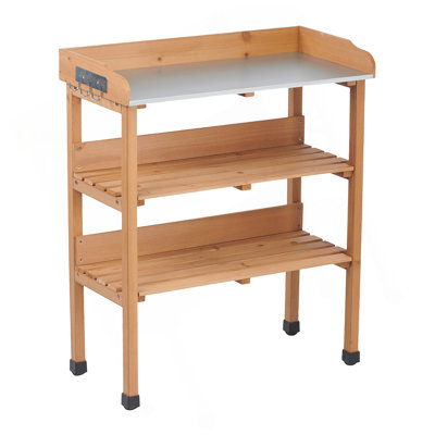 30-Inch 3-Tier Potting Table With Metal Top, Built-In Hooks And Adjustable Feet For Garden Or Garage Workstation.