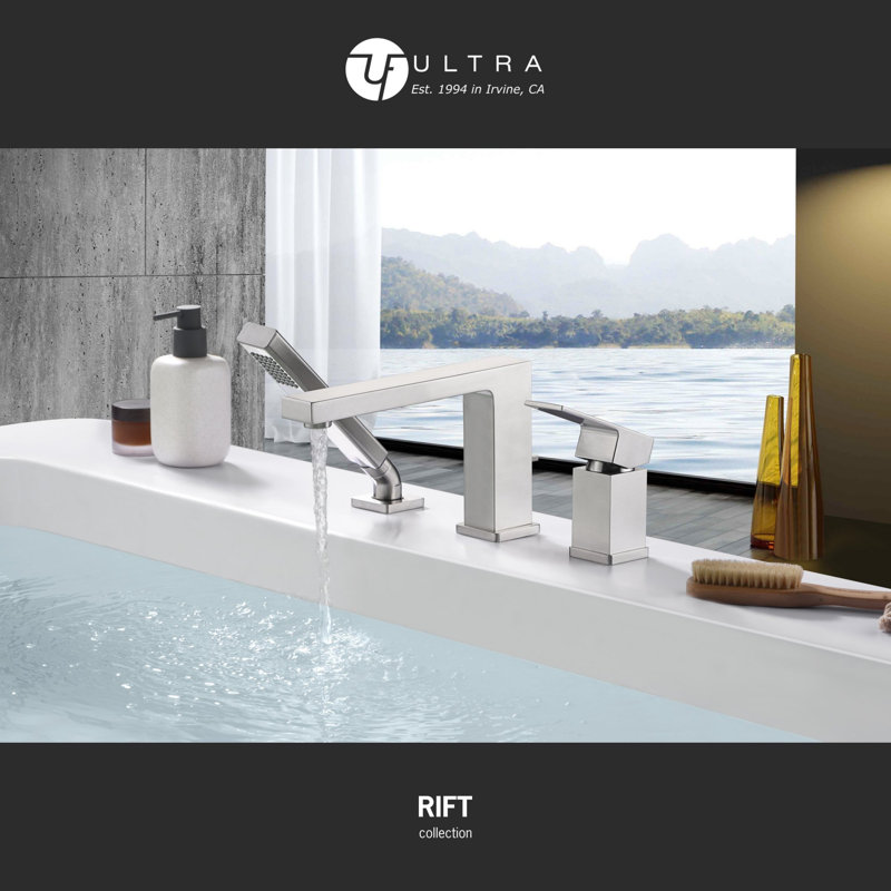 Rift Collection Two-Handle Deck-Mount 8.0 gpm Roman Tub Faucet with Pull-Out Hand Shower & Rough-In Valve - Brushed Nickel