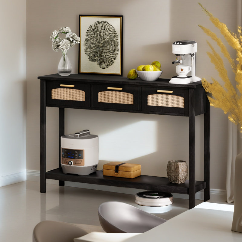  Entryway Table With Storage, Console Table With Open Storage Golden Metal Handles, Narrow Hallway Table With 3 Rattan Drawers, Sideboard Sofa Tables For Living Room Hallway Black