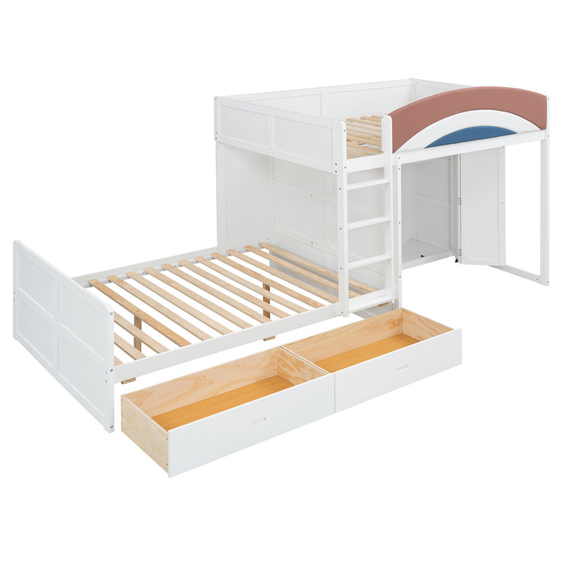Lit superposé double pleine grandeur 136,8 x 57,6 x 63 pouces en bois d'ingénierie avec lit garde-robe simple blanc avec garde-corps rembourré et tringle de suspension intégrée