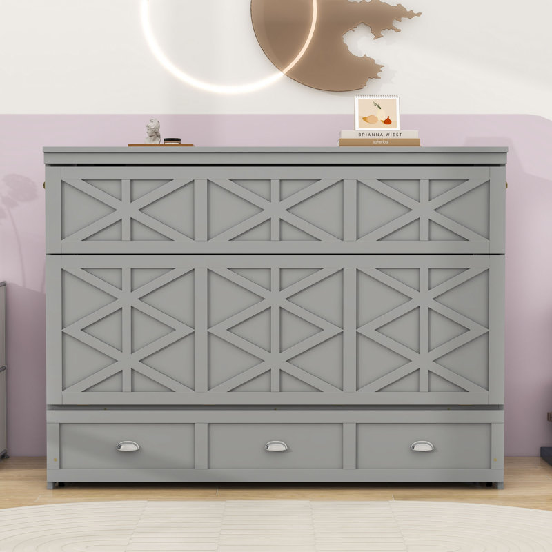 Grand lit escamotable avec prises USB / électriques intégrées et tiroirs de rangement élégants, Gris