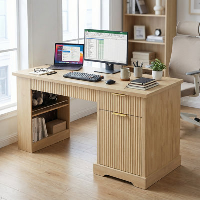 Contemporary Fluted Office Desk with Integrated Storage Cabinet, Drawers, Power Outlet, Pegboard, Shelving, and Keyboard Tray for Enhanced Home Office Productivity