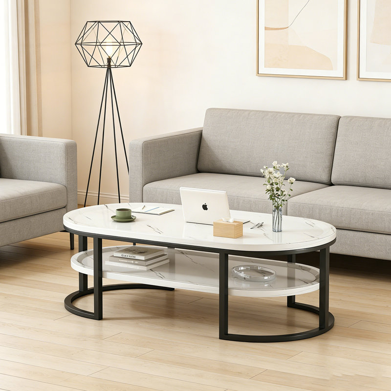 Modern Coffee Table U Shape Steel Frame, 17.71" H x 55.11" L x 23.62" W, White/Black
