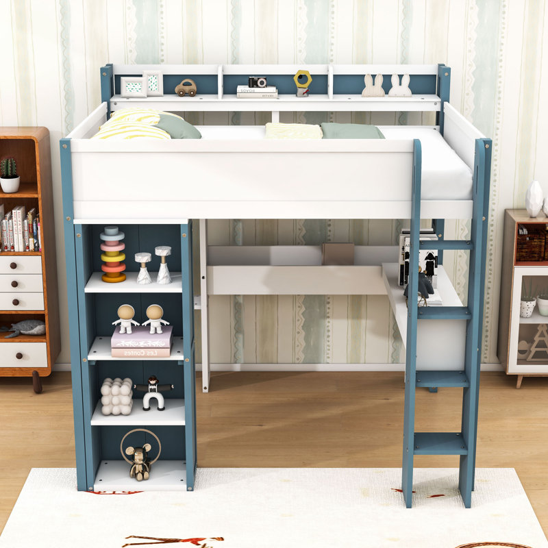 Lit mezzanine double en bois avec tablettes et bureau, Bleu