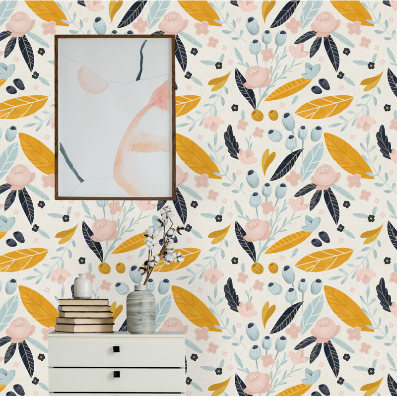 Pastel Orange Flowers Peel And Stick Wallpaper, 16.67" L x 25" W