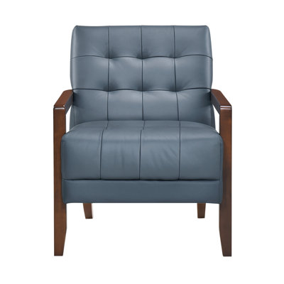 Modern Blue Leather Chair With Head Pad, Walnut Arm Back, Walnut Finish Legs