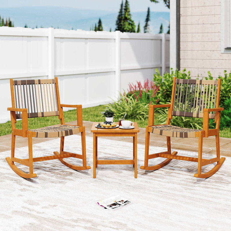 3 Piece Patio Rocking Set with Rattan Seat & Back Square Side Table for Porch