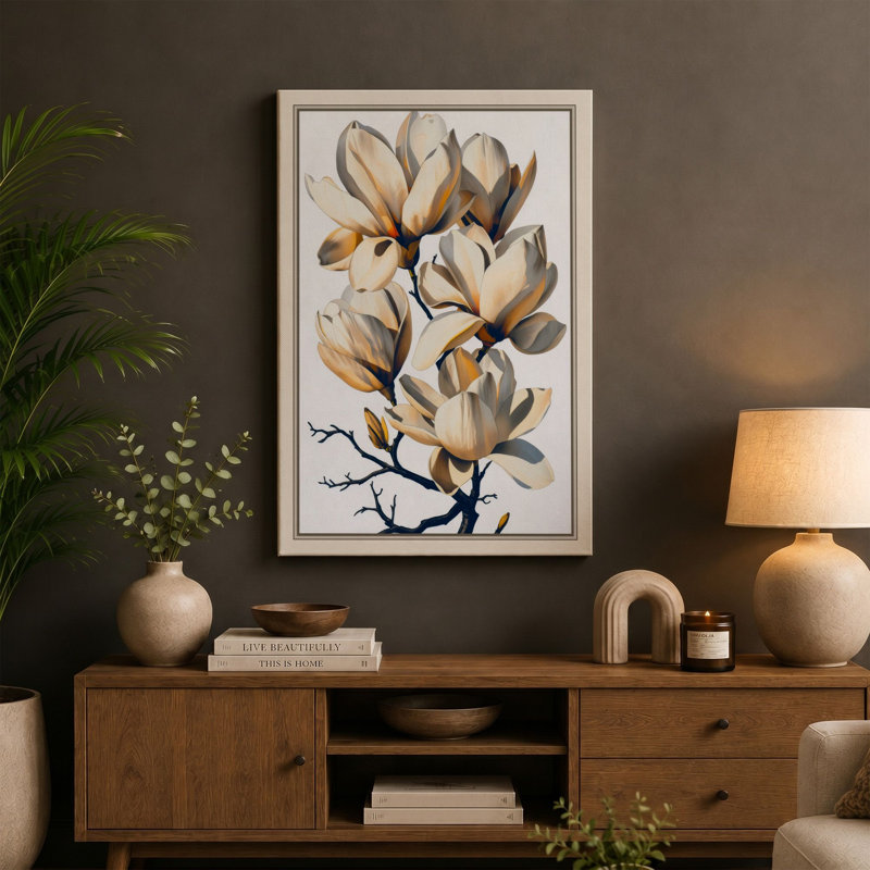Magnolia Branch Botanical 1 Piece Wrapped Canvas Wall Art, 36x24 - 91.4 x 61.0 cm, White Border