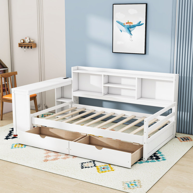 Lit de jour simple en bois avec bureau, station de charge et 2 tiroirs, Blanc