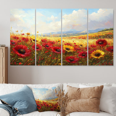 Tournesols dans le champ de coquelicots V - Art mural de tournesols - Art mural traditionnel, toile 4 pièces